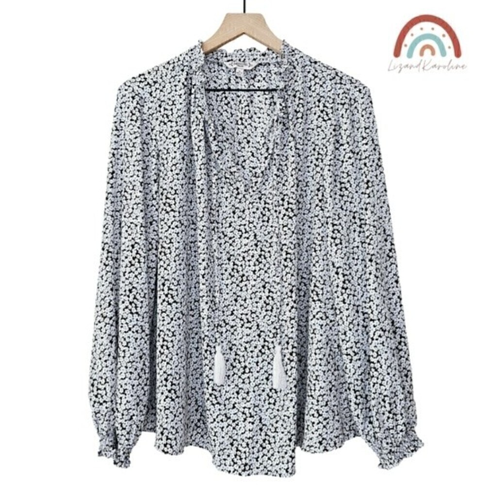 Nanette Lepore Long Sleeve Bohemian Floral Peasant Tassels Blouse Top